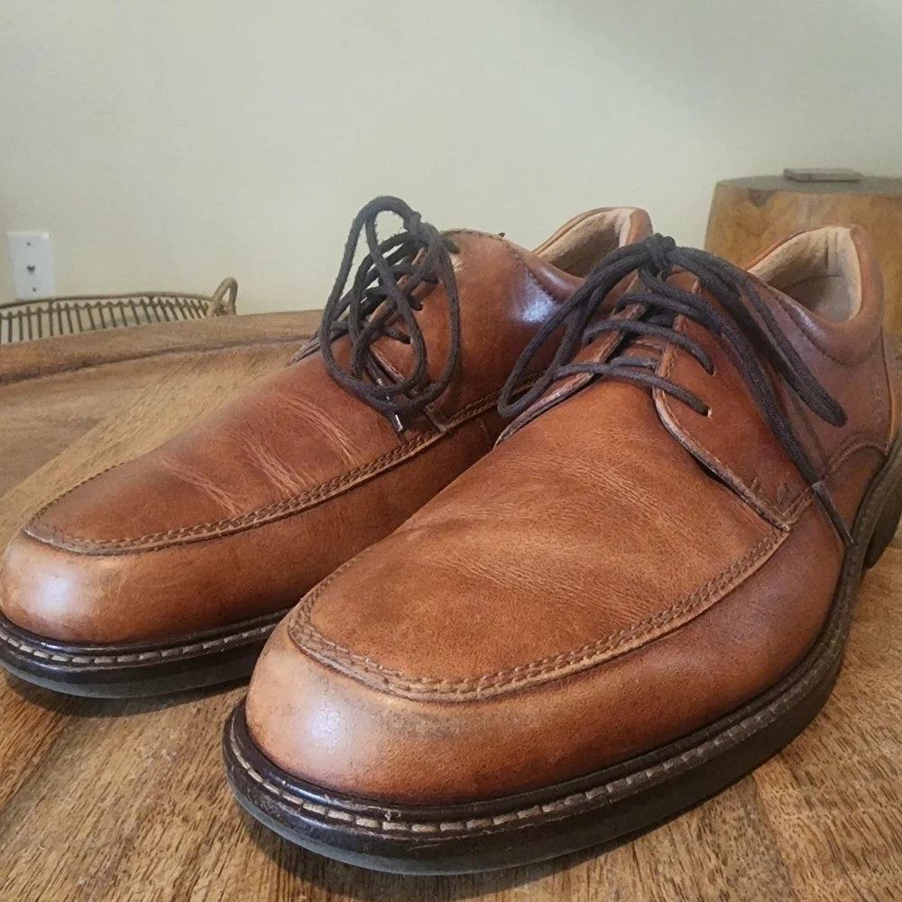 Ecco Brown Oxford Walnut Leather Shock Point Square Toe Dress Shoes Mens 9.5